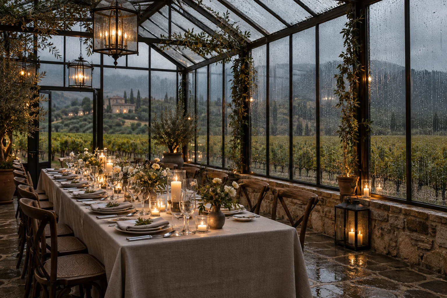 Cena en un invernadero iluminado con velas mientras llueve; imagen conceptual